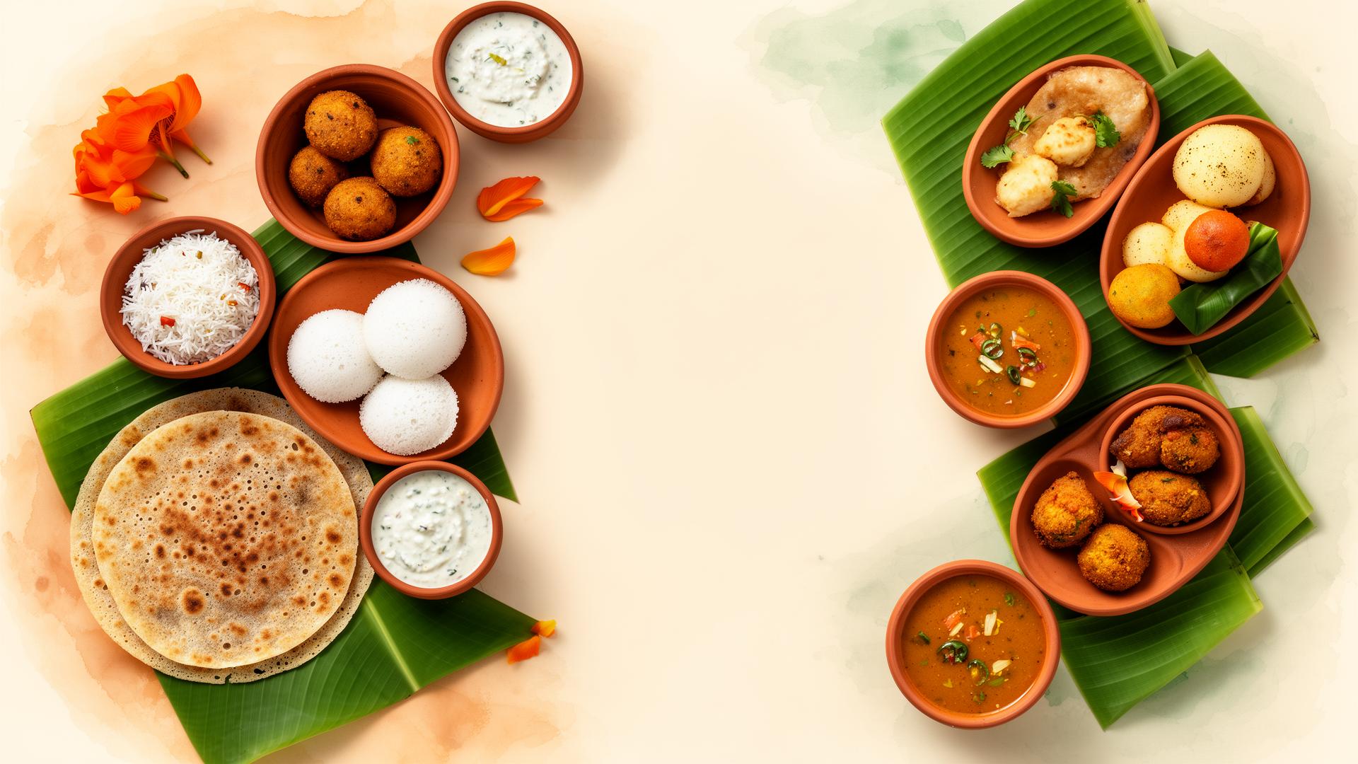 South Indian thali with idli, dosa, vada, sambar, chutneys on banana leaf